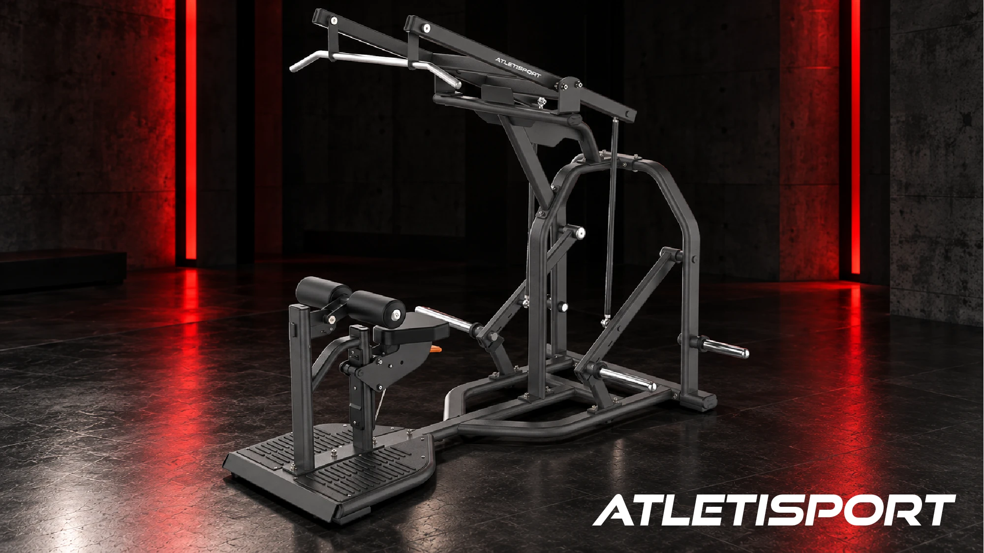 Tirage vertical plate loaded Seated Front Pulldown IMPACT 026 d’Atletisport, dans une salle sombre éclairée de rouge