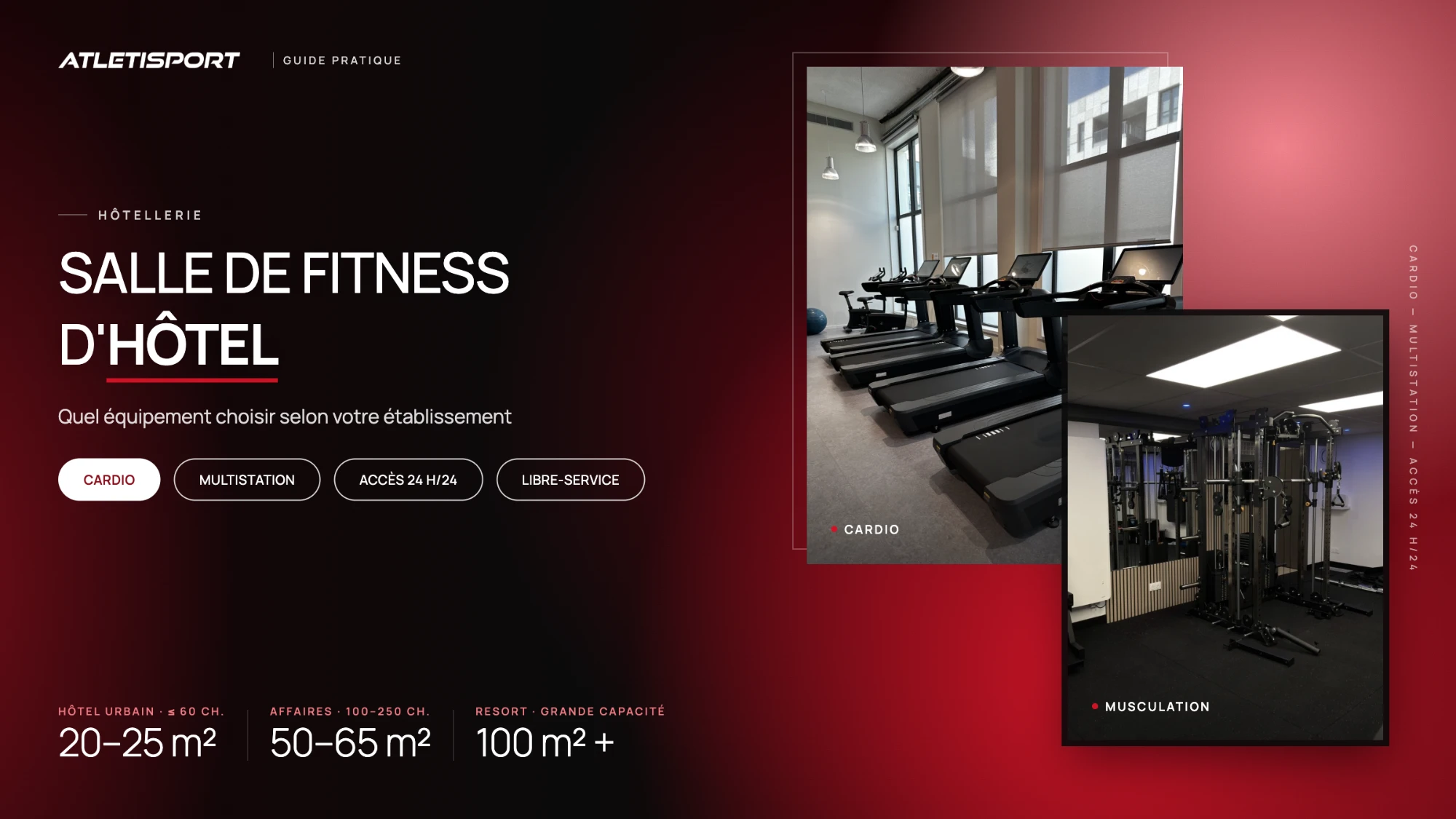 Salle de fitness d’hôtel : guide pratique Atletisport, avec une rangée de tapis de course à écran devant de grandes fenêtres et une multistation de musculation