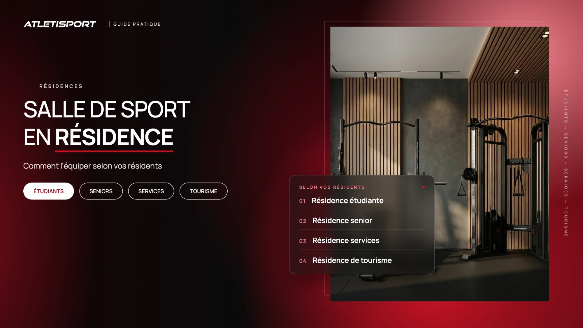 Salle de sport en résidence : guide pratique Atletisport, avec une salle aux murs à lattes de bois équipée d’une multistation à poulies