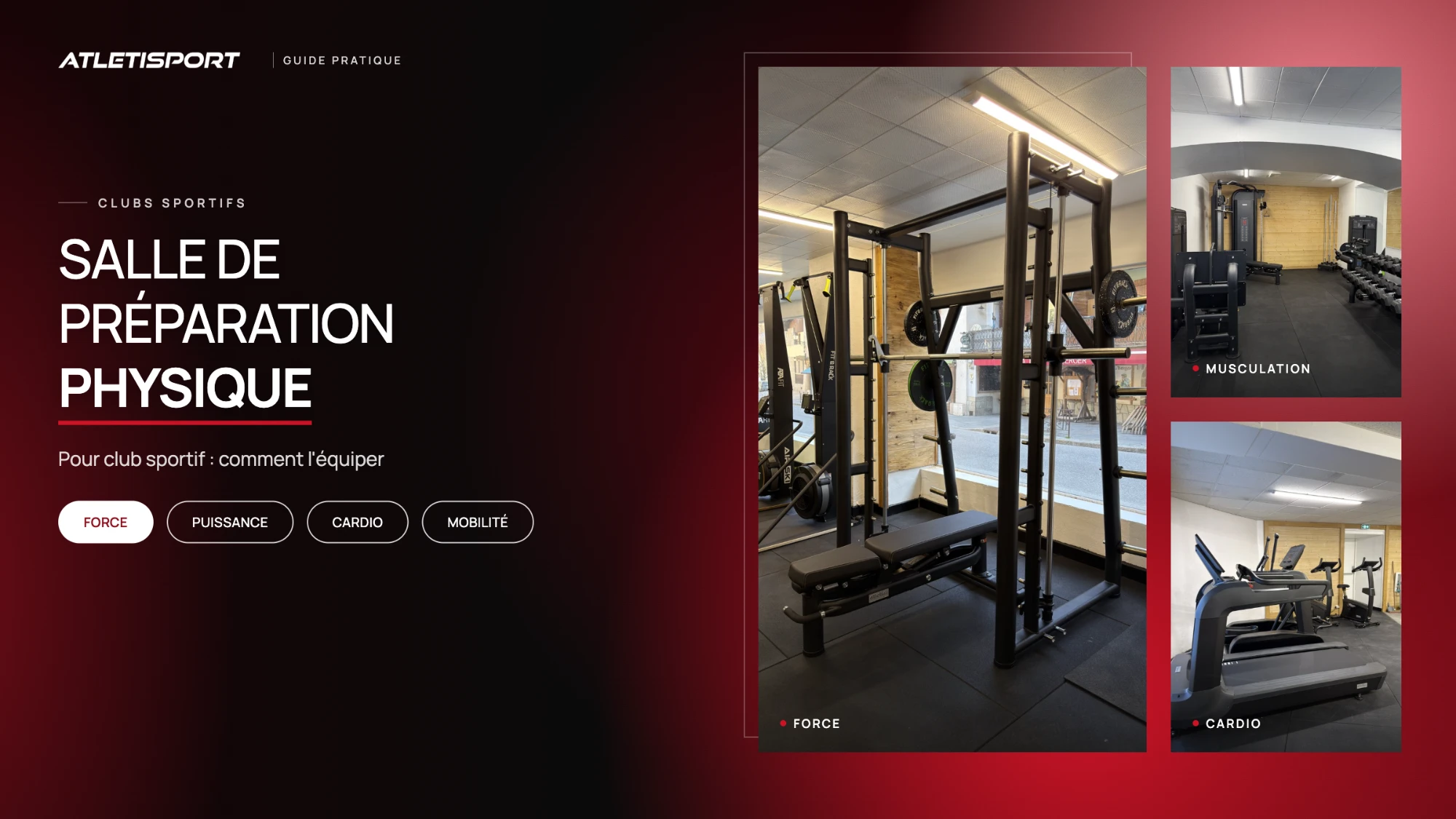 Salle de préparation physique pour club sportif : guide pratique Atletisport, avec une cage à squat et son banc, une zone de musculation et des appareils cardio