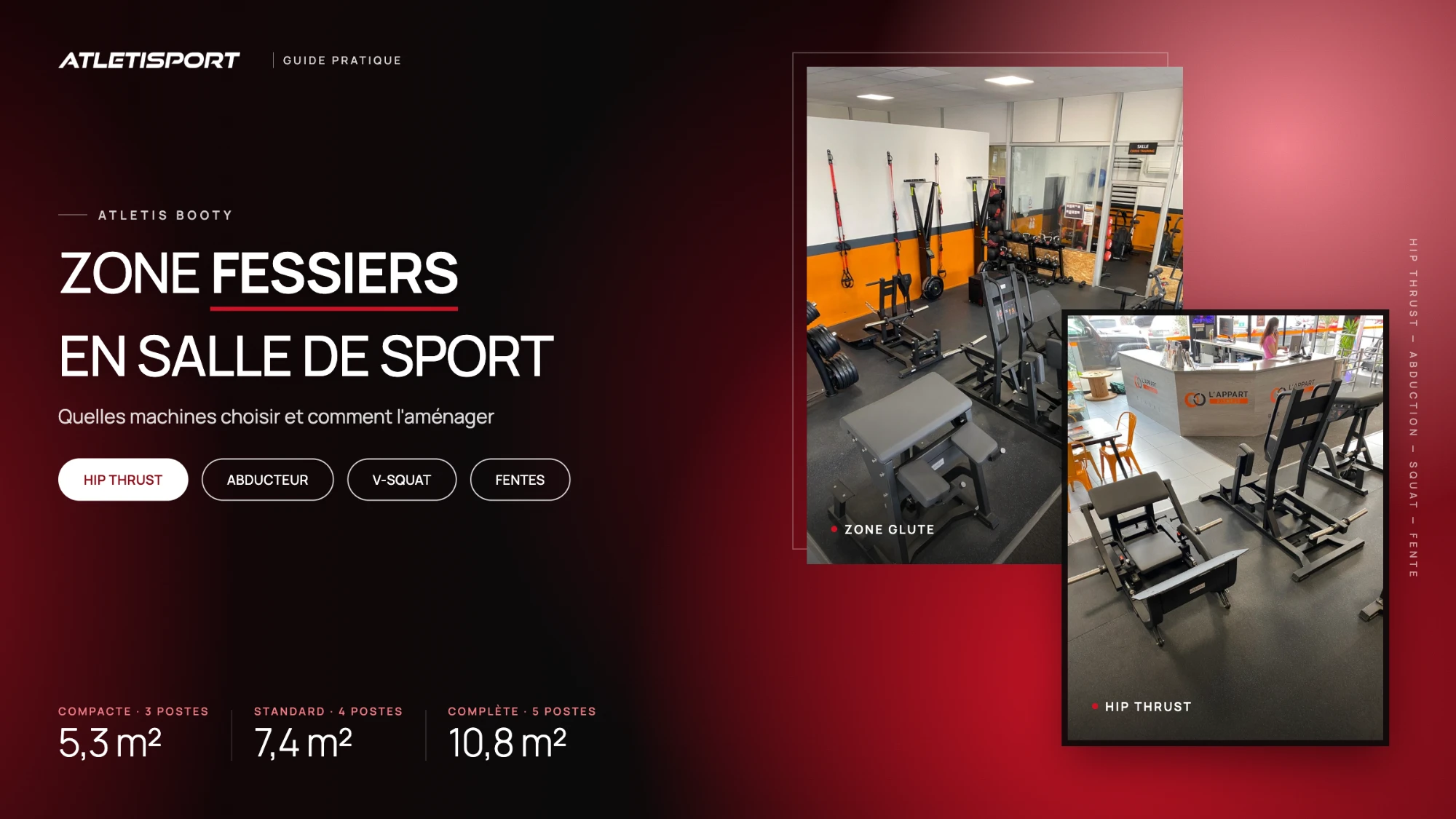 Zone fessiers en salle de sport : guide pratique Atletisport, avec les machines Atletis Booty hip thrust, abducteur et squat installées dans un club
